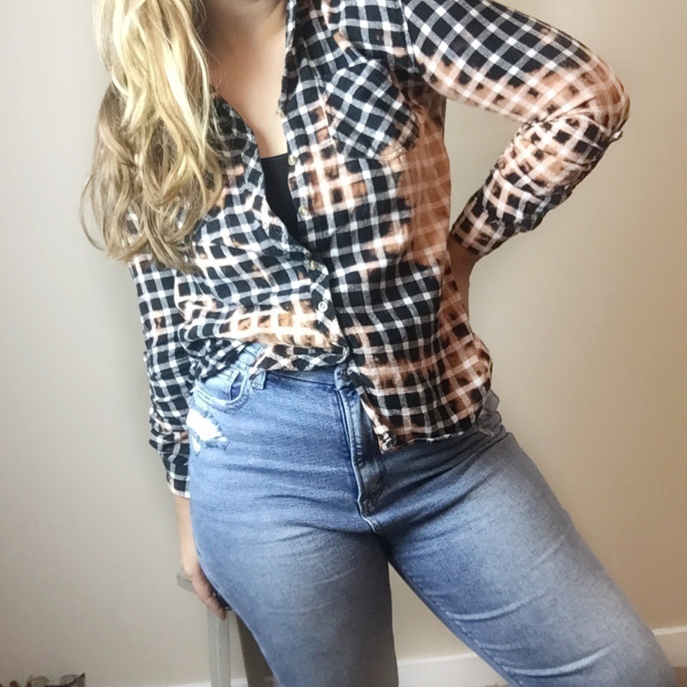 Plaid Flannel Upcycled Bleach Tie Dye Top